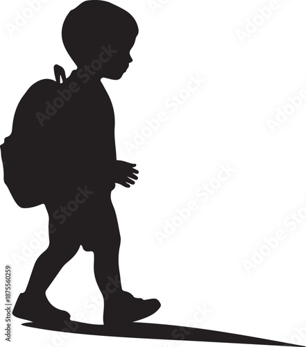 Silhouette of a child walking with a backpack shadow