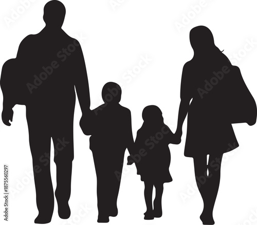 Silhouette of a family of four walking together four people