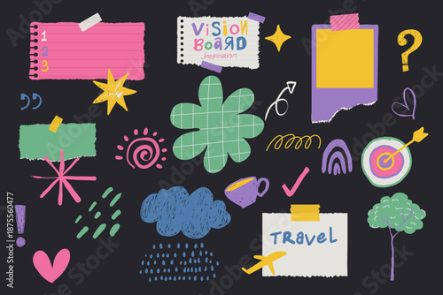 Set of Vision board collage template, taped notebook papers and notes Hand Drawn.