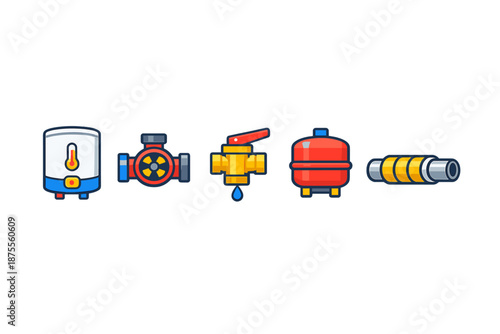 Plumbing system icons: boiler, pump, valve, tank, hose