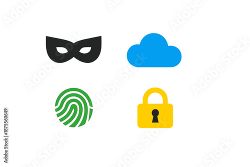 Cybersecurity icons: mask, cloud, fingerprint, lock