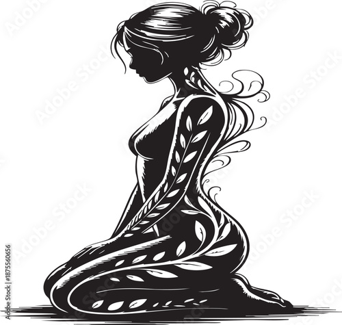 Kneeling woman adorned with intricate body art illustrated in black and white, showcasing elegance and serenity in a minimalist setting with flowing hair tied in a bun.