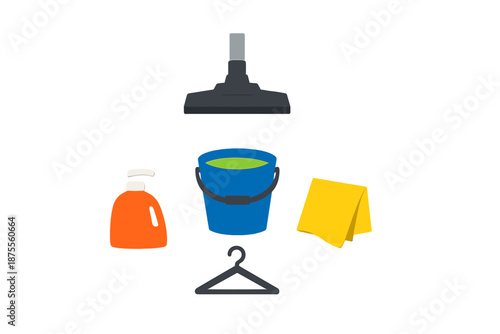 Cleaning supplies: vacuum, bucket, soap, cloth, hanger