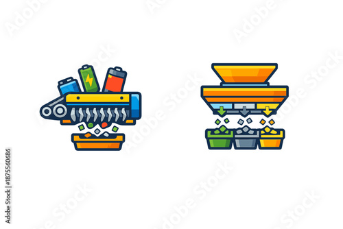 Recycling and sorting industrial process icons