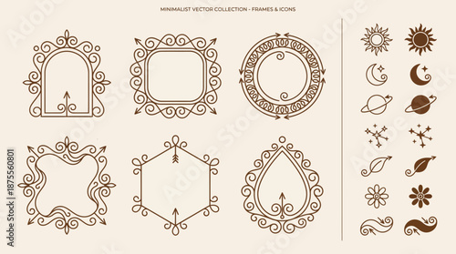 Celestial decorative vector frames and icons with crescent moons, suns, stars, planets, flowers, leaves, water droplets, Islamic-inspired geometric brown line art design