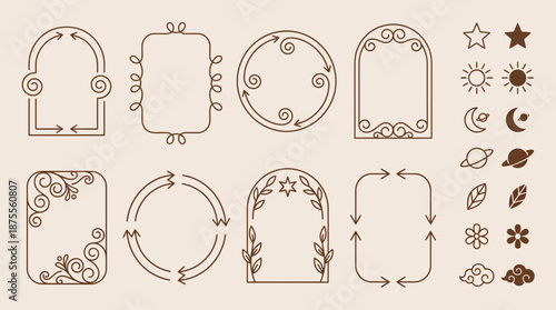 Celestial decorative vector frames and icons with crescent moons, suns, stars, planets, flowers, leaves, water droplets, Islamic-inspired geometric brown line art design