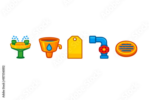 Water Icons: Fountain, Funnel, Tag, Valve, and Soap Dish