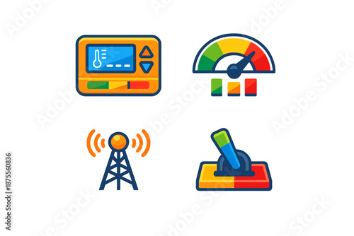 Set of four flat icons with glowing effect on dark background