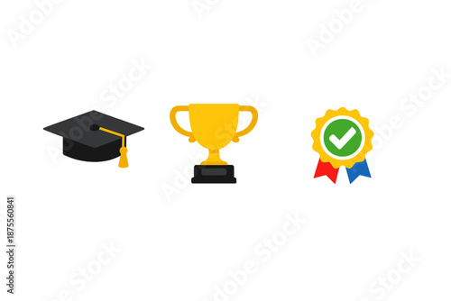 Graduation cap, trophy and award ribbon with check mark