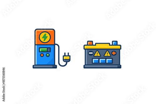 Electric car charging station and car battery icon