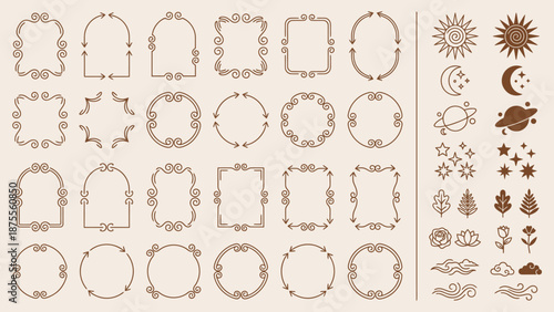 Celestial decorative vector frames and icons with crescent moons, suns, stars, planets, flowers, leaves, water droplets, Islamic-inspired geometric brown line art design