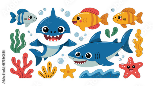 Ocean Friends: A vibrant and whimsical illustration of marine life, featuring a smiling shark, cheerful fish, playful starfish and vibrant seaweed, capturing the essence of underwater fun.