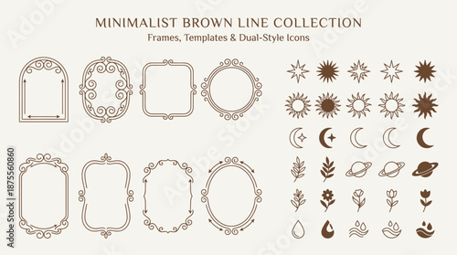 Celestial decorative vector frames and icons with crescent moons, suns, stars, planets, flowers, leaves, water droplets, Islamic-inspired geometric brown line art design