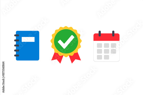 Notebook, Award and Calendar icons with neon glow