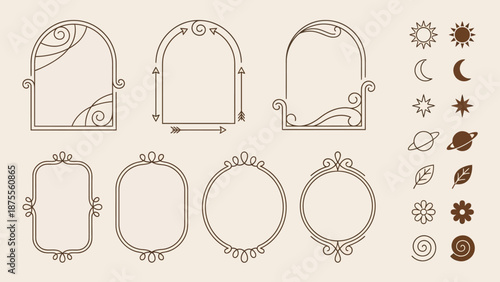 Celestial decorative vector frames and icons with crescent moons, suns, stars, planets, flowers, leaves, water droplets, Islamic-inspired geometric brown line art design