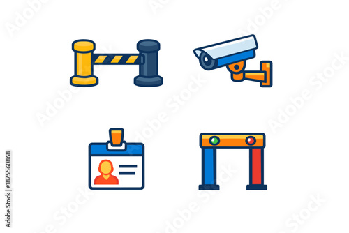 Security icons: barrier, camera, badge, metal detector