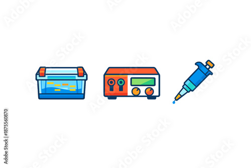 Scientific laboratory equipment icons: tank, power supply, pipette
