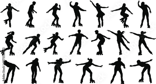 Collection of black silhouettes of roller skaters in diverse dynamic poses showing balance, speed, and agility for sports design illustration