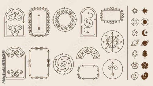 Celestial decorative vector frames and icons with crescent moons, suns, stars, planets, flowers, leaves, water droplets, Islamic-inspired geometric brown line art design