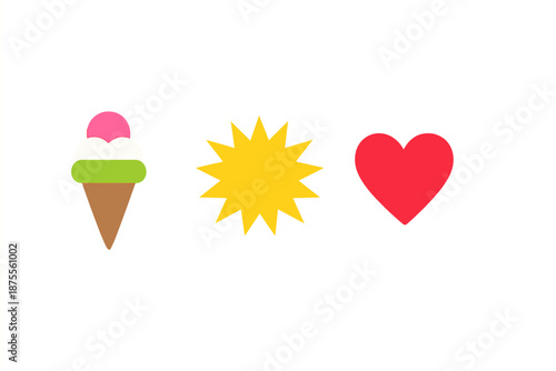 Ice cream, sun and heart symbols on a blurred background