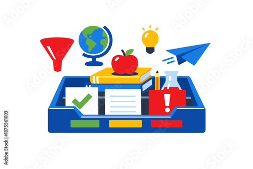 Education concept with school supplies in a blue tray