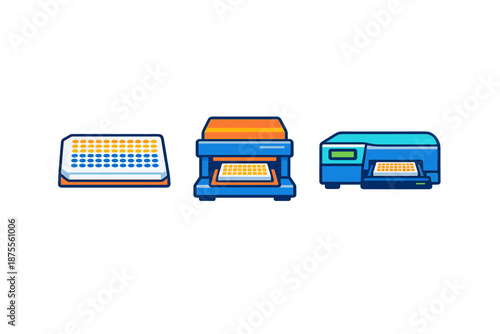 Icons of laboratory equipment: plate, incubator, and printer
