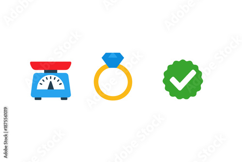 Three icons: scale, ring, and checkmark on gradient background