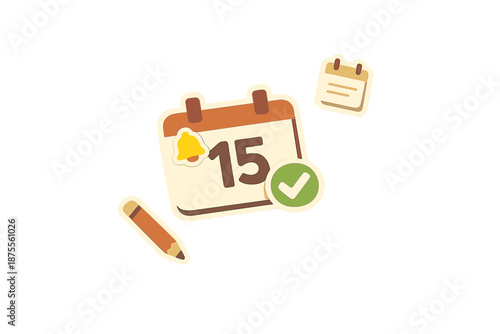 Calendar icons with bell, checkmark, pencil and date 15