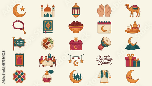 Islamic culture vector icons set with crescent moon, lantern, Quran, mosque, prayer beads, camel, dates, food, Ramadan, Eid, religious traditions earthy tones design