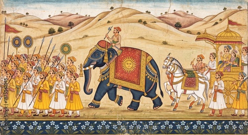 Traditional Indian Royal Procession with Elephant and Chariot - Historical Miniature Painting Style
