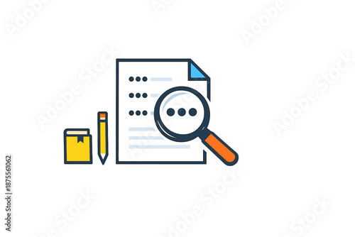 Document analysis with magnifying glass, book and pencil icons