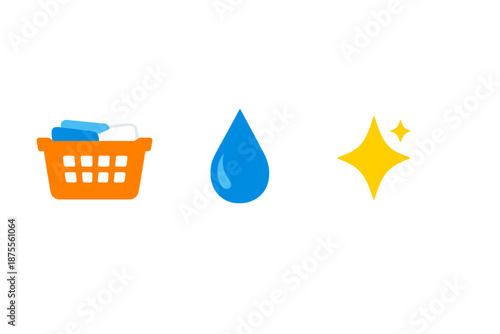 Laundry basket, water drop and sparkling star icons with glow effect