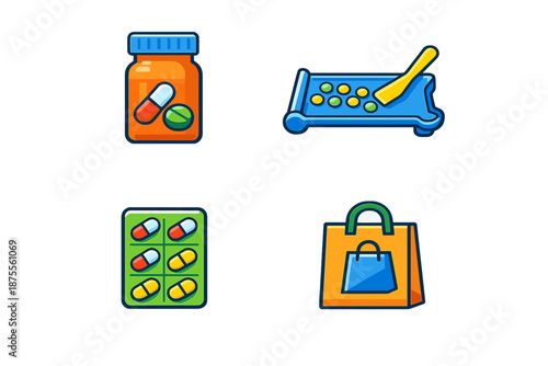 Collection of colorful medical and pharmacy icons