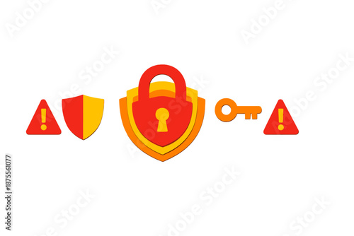 Cybersecurity concept with lock, shield, key, and warning signs