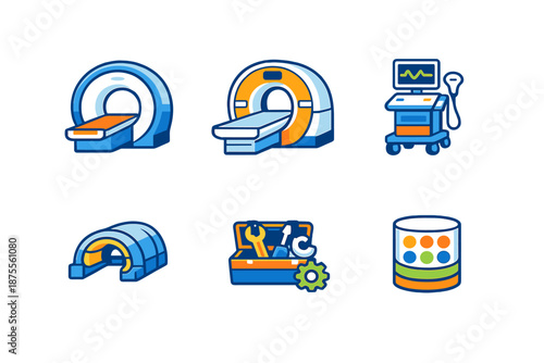 Medical technology icons with MRI, CT scanner, and medical cart