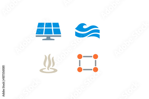 Renewable energy icons: solar, wind, water, and geothermal