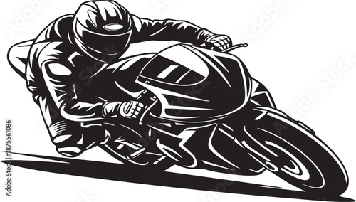 Motorcyclist crouches low on bike leaning into a sharp turn exemplifying skill and speed in a dynamic black and white illustration.