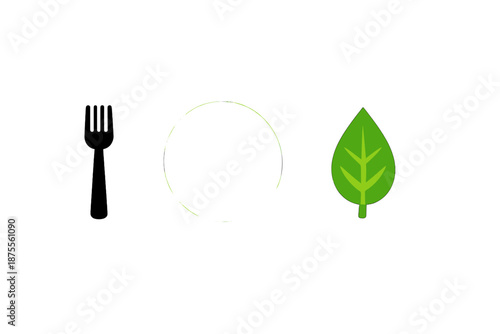 Fork, plate, and green leaf icons on a gradient background