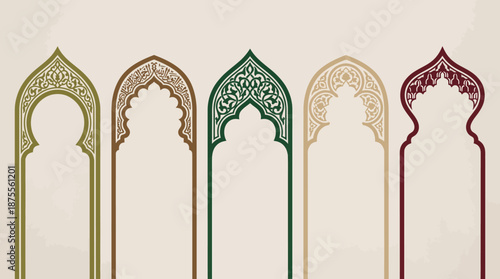 Islamic architectural vector arches with Moorish-inspired geometric motifs, cultural decorative frames, traditional pointed arch designs, colorful ornamental patterns for art, heritage, and design pro