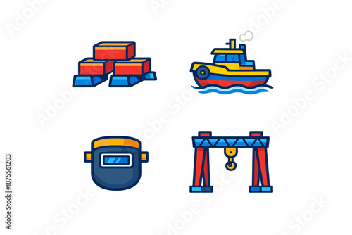 Industrial icons: gold bars, tugboat, welder mask, gantry crane