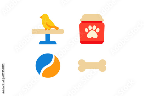 Cute Pet Icons: Bird, Food Jar, Ball, and Bone