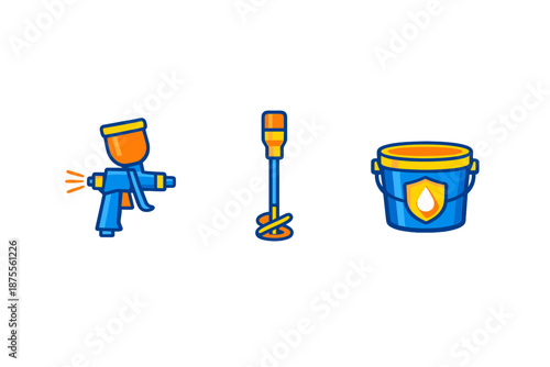 Paint sprayer, mixer, and bucket icons with glowing effect