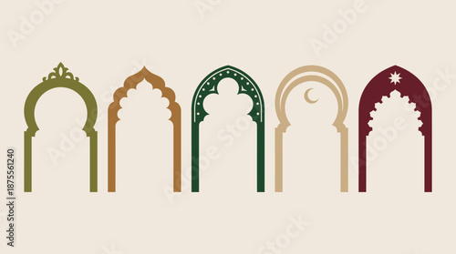 Islamic architectural vector arches with Moorish-inspired geometric motifs, cultural decorative frames, traditional pointed arch designs, colorful ornamental patterns for art, heritage, and design pro