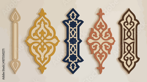 Islamic geometric vector motifs with pointed arches, Moorish-inspired symmetrical shapes, cultural architecture patterns, decorative frames, traditional design elements, colorful palette for art and d