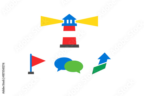 Illustration of icons: lighthouse, flag, speech bubbles, and upward