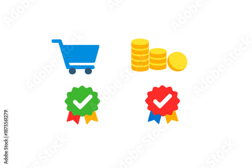 Shopping cart, coins, and achievement badges