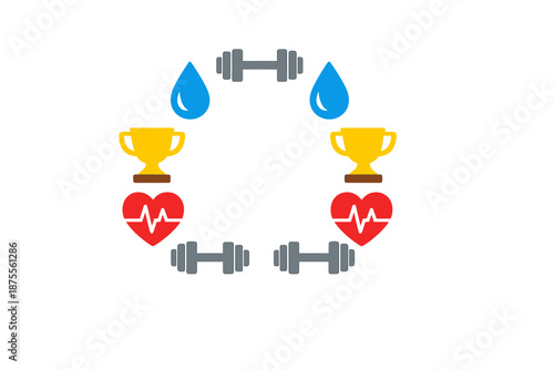 Fitness and health symbols: trophy, heart, water drop, dumbbell