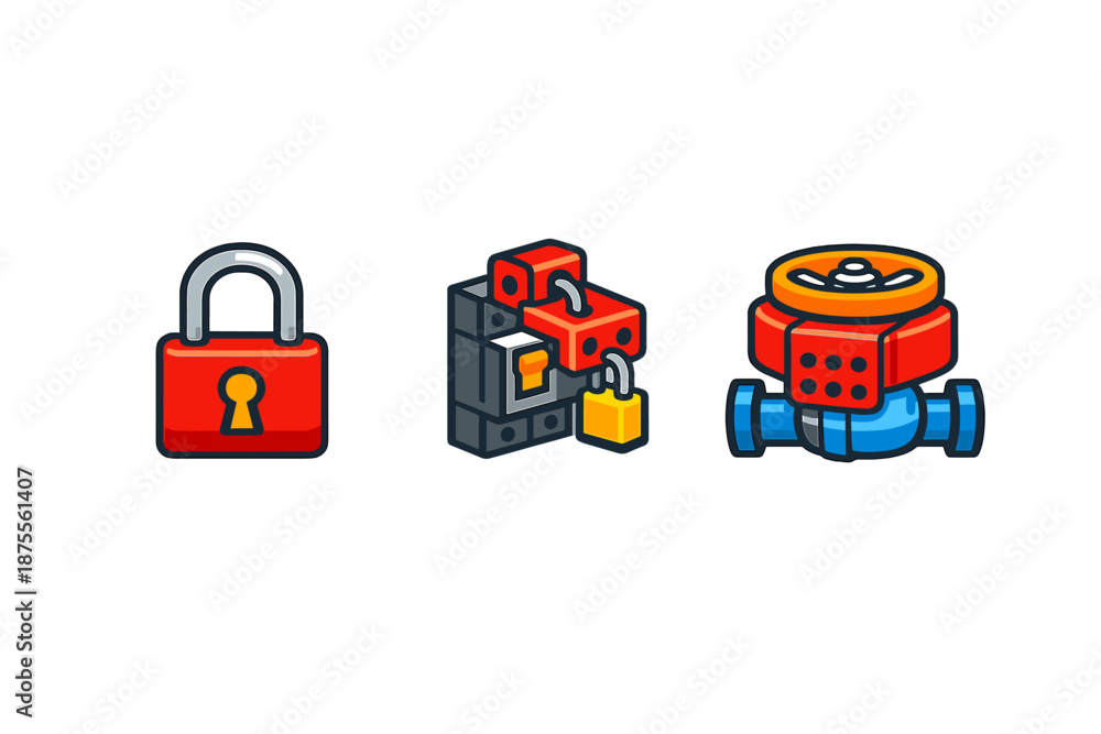 Fototapeta premium Three icons: padlock, dice with lock, and pipe valve