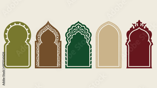 Islamic architectural vector arches with Moorish-inspired geometric motifs, cultural decorative frames, traditional pointed arch designs, colorful ornamental patterns for art, heritage, and design pro