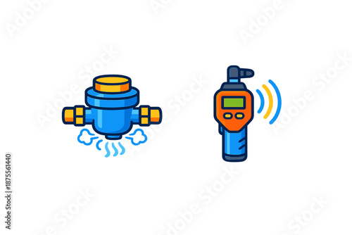 Water meter and gas detector icons with glowing effects